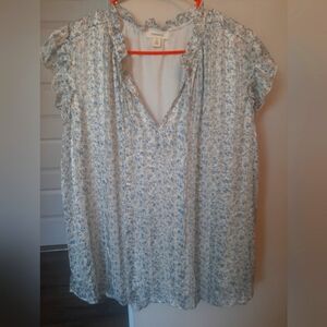 Baby Blue and White Flutter Sleeve Ruffled Blouse